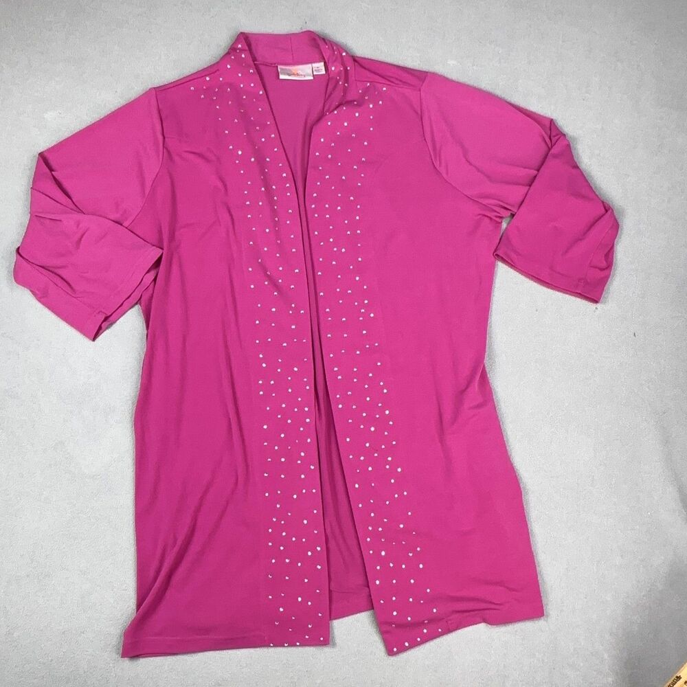 Quacker Factory Cardigan Womens 1X Pink Rhinestone Tunic 3/4 Sleeve Open Front